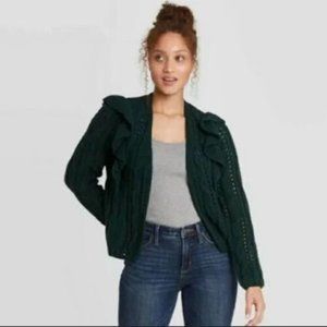 UNIVERSAL THREAD Dark Green Knit Open Front Ruffle Cardigan Sweater
